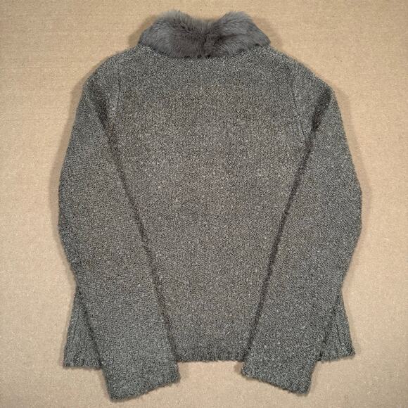 Vintage 90s Gray Bouclé Knit Sweater Jacket Faux Fur Collar Zip Front Women M - Picture 4 of 6